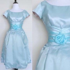 Vintage 50s 60s Date Makers Light Blue Satin Rose Party Cocktail Dress XXS/XS
